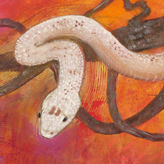 Colorful artwork of a lion and snake against a vibrant background
