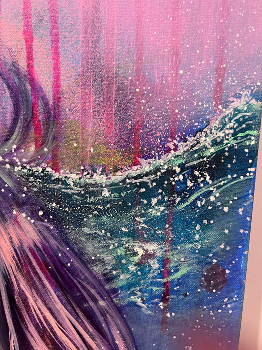 Derail photo of a colourful and modern portrait painting with swirling patterns in pink, purple, and blue.