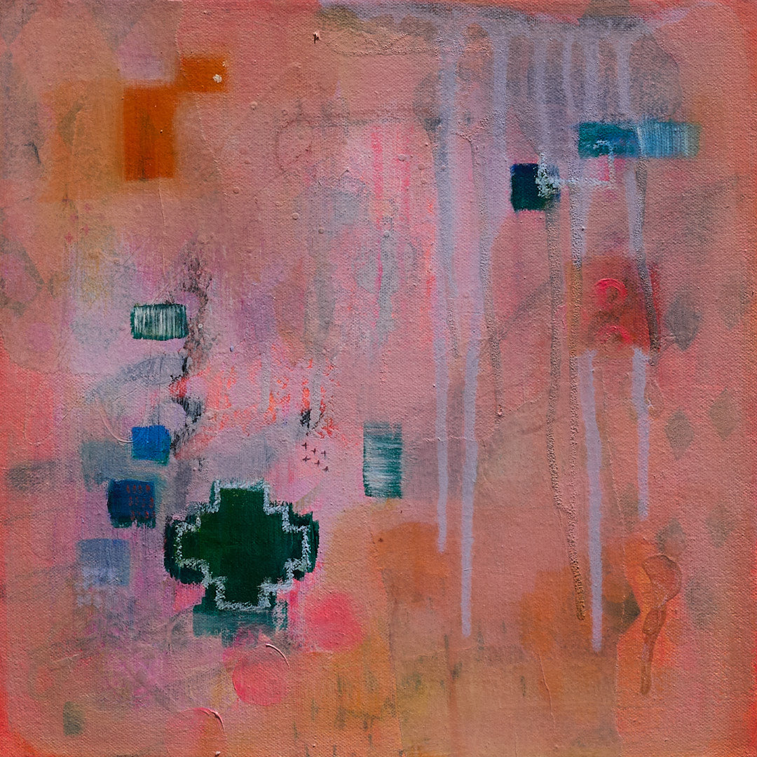 Abstract art with pink, orange, and green colors on a textured surface