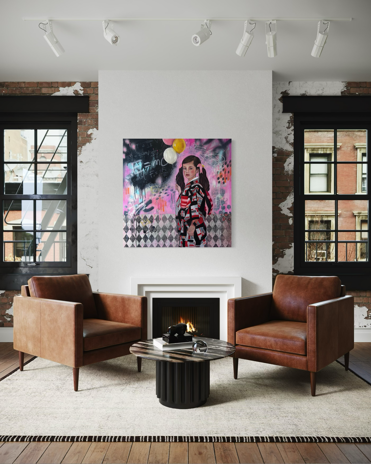 Modern living room with brown leather chairs, a fireplace, and colorful artwork on the wall.