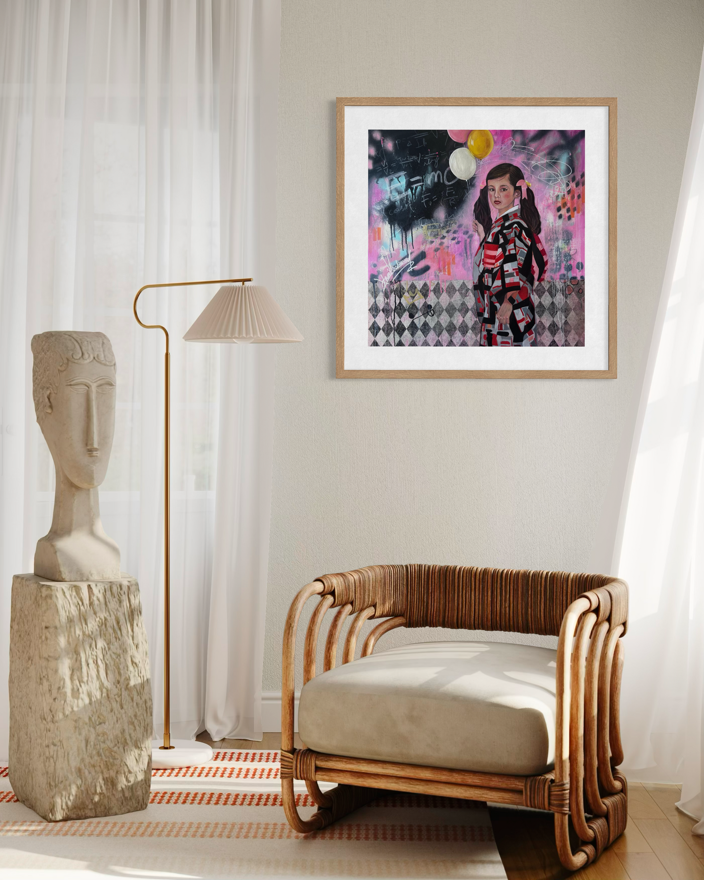 Modern interior with a wicker chair, abstract painting, and sculpture.