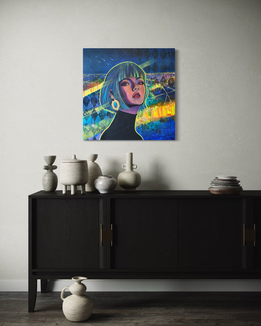 Contemporary portrait painting inspired by Paris at night with vibrant blue, green and yellow tones on a wall above a black cabinet with decorative vases.