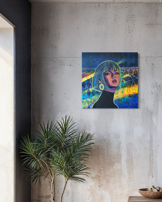 Contemporary portrait painting inspired by Paris at night with vibrant blue, green and yellow tones on a textured concrete wall with a plant below.