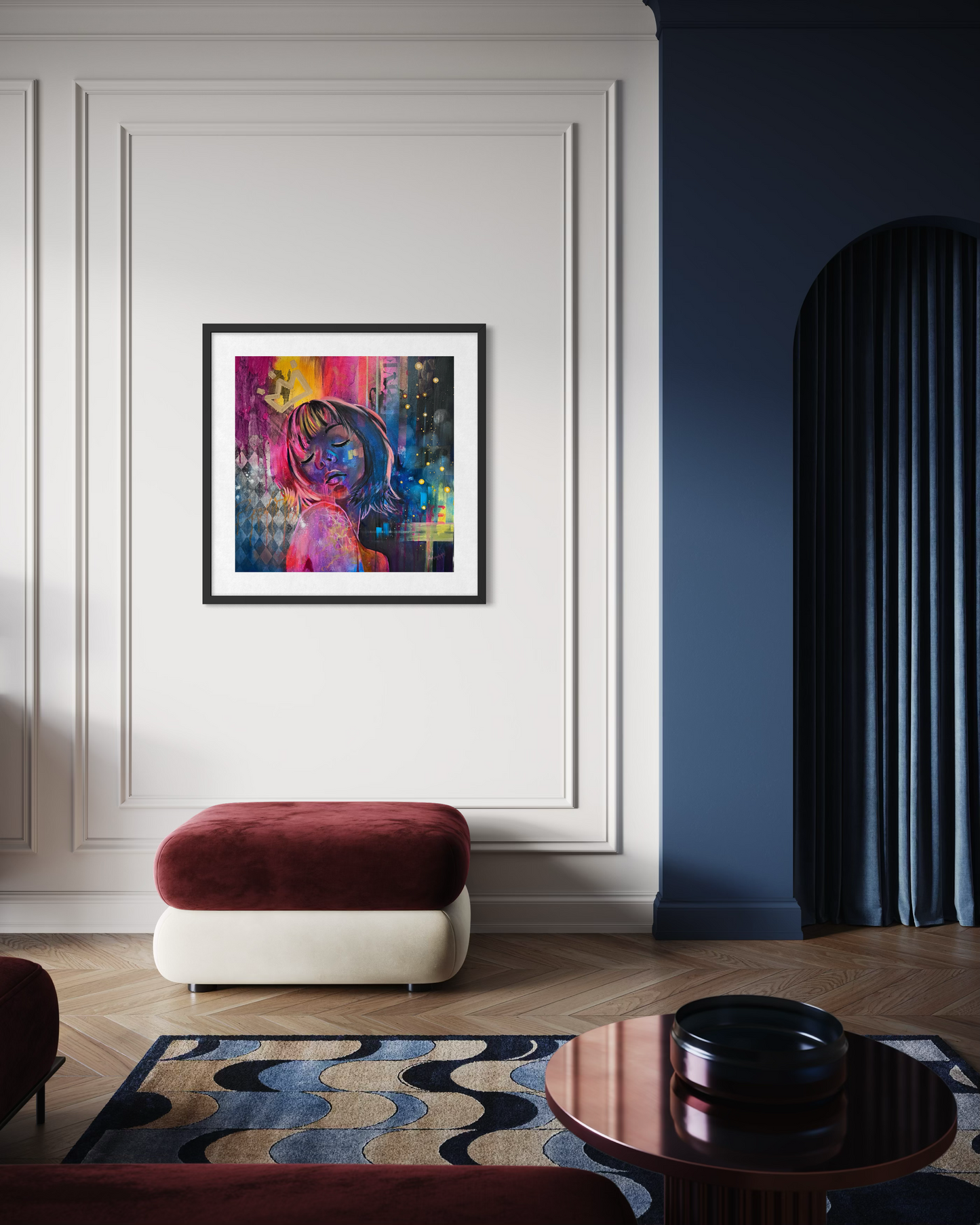 Contemporary portrait painting inspired by Tokyo with vibrant pink, blue and yellow tones on a white wall above a red and white ottoman in a room with blue walls and a patterned rug.