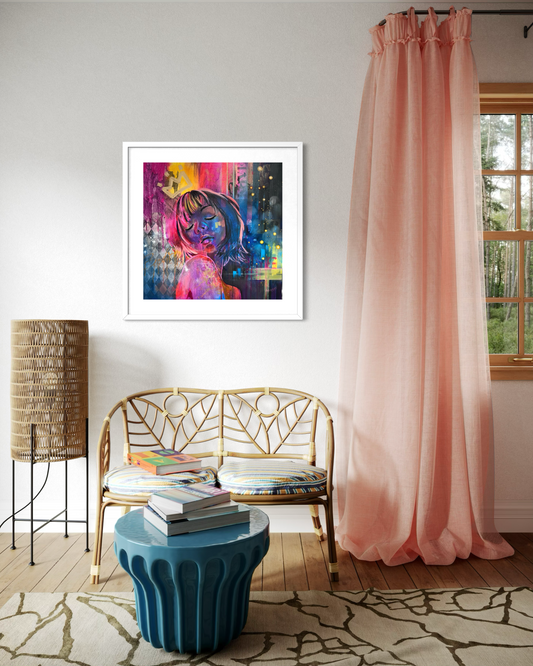 Living room with contemporary portrait painting inspired by Tokyo with vibrant pink, blue and yellow tones, pink curtain, and blue ottoman.
