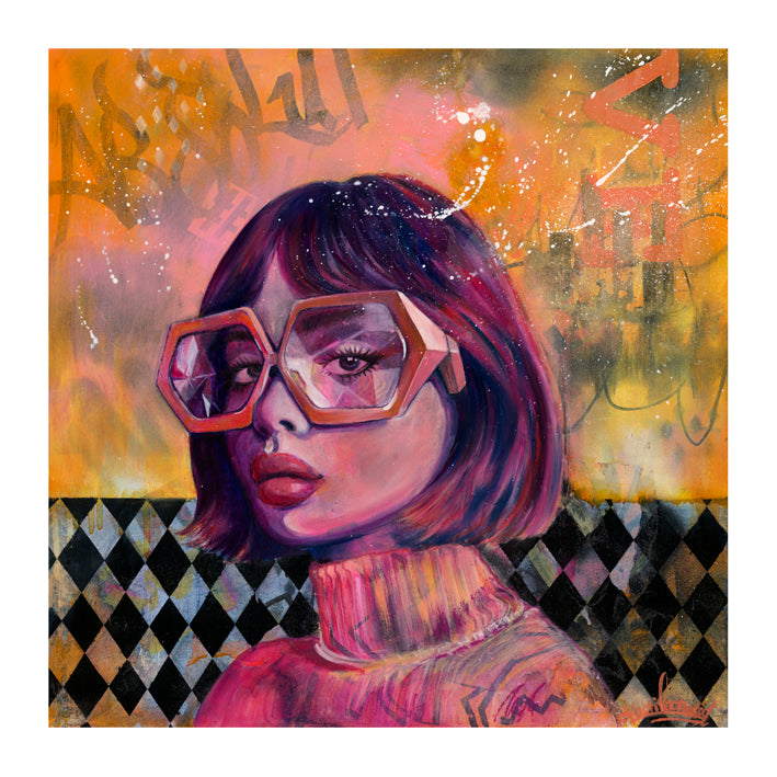 Melbourne Muse portrait art print featuring a woman with oversized glasses inspired by Melbourne street art and urban expression