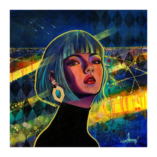 Contemporary portrait painting inspired by Paris at night with vibrant blue, green and yellow tones, modern wall art for stylish interiors.