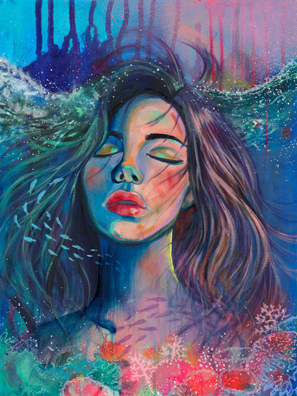 Hawaii inspired modern and colourful portrait artwork of a woman with flowing hair and underwater elements.
