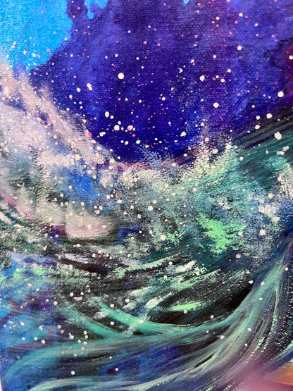 Detail photo of a colourful and modern portrait painting of a cosmic scene with blue and green swirling waves and white splash. 