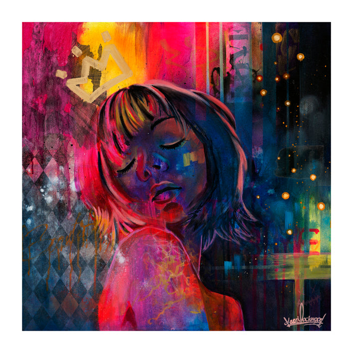 Contemporary portrait painting inspired by Tokyo with vibrant pink, blue and yellow tones, modern wall art for stylish interiors.