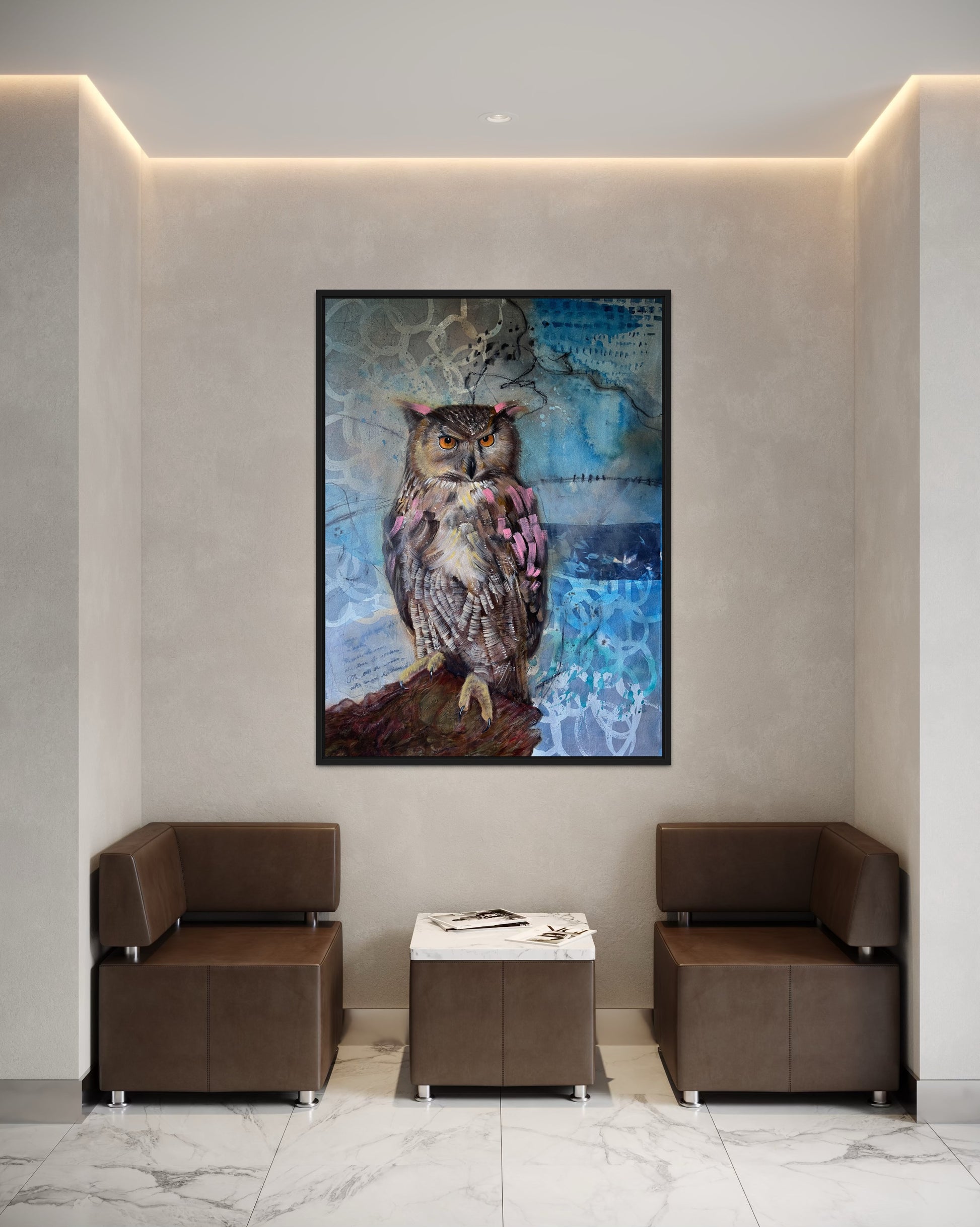 Modern interior with a painting of an owl on the wall, brown chairs, and a small table.