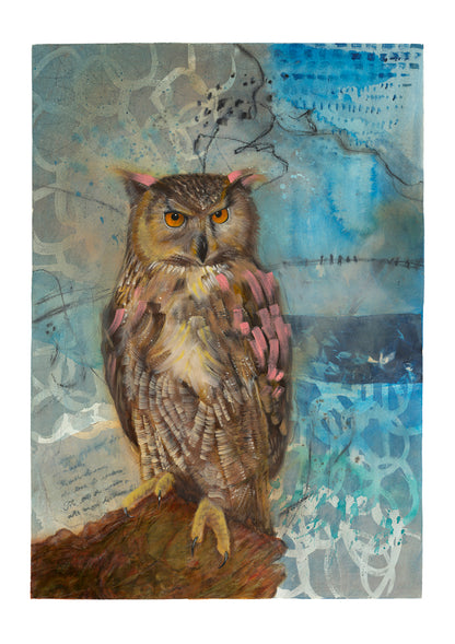 Contemporary owl wall art print featuring a detailed owl with orange eyes, textured background and handwritten poem, available as matte paper and canvas print.