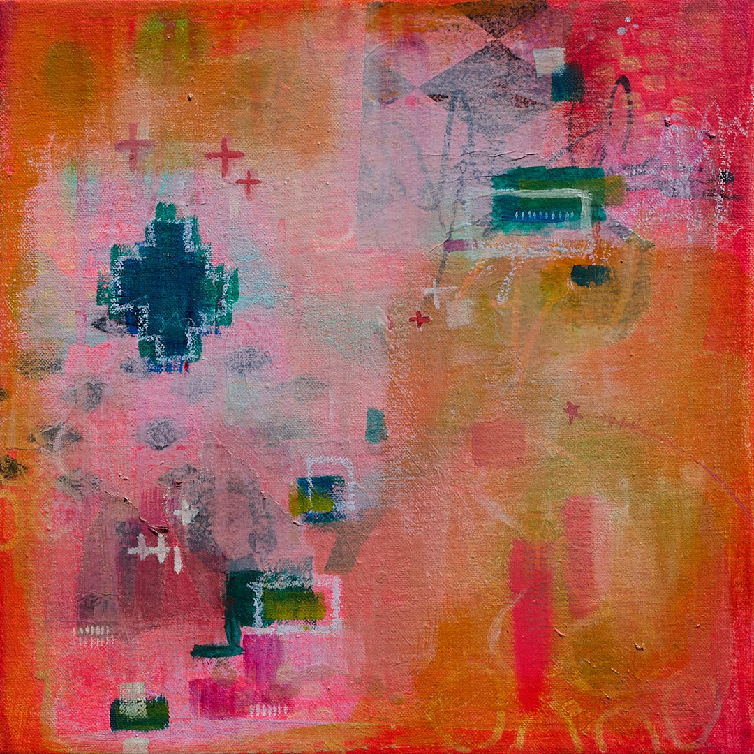Abstract art with colorful geometric shapes on a pink background