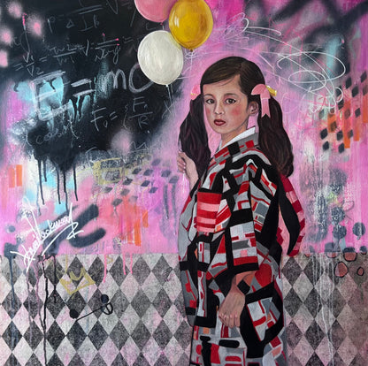 Life is Beautiful figurative art featuring a girl with balloons and graffiti background symbolising childhood and creativity
