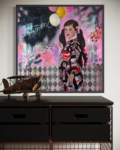 Framed artwork of a person in a colorful outfit with abstract elements on a wall above a black dresser.