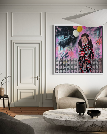 Modern living room with a colorful abstract painting on the wall.