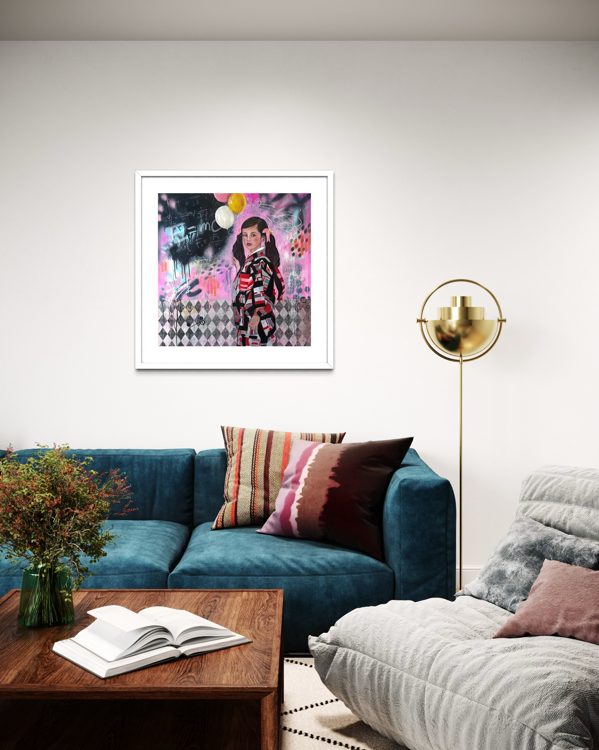 Living room with a blue sofa, coffee table, and framed artwork on the wall.