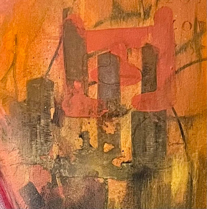 Abstract art with geometric shapes in red, black, and orange on a textured background