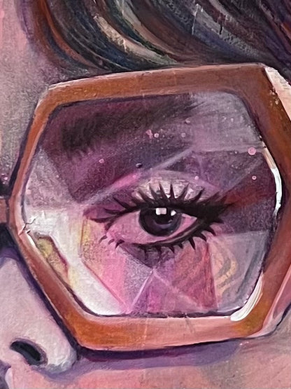 Close-up of a stylized eye with a mirror reflection, using a mixed media painting technique.