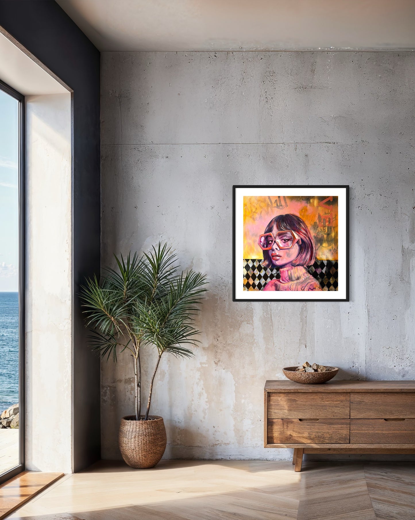 Modern interior with a painting of an  woman with oversized glasses on the wall, a plant, and a wooden side table.