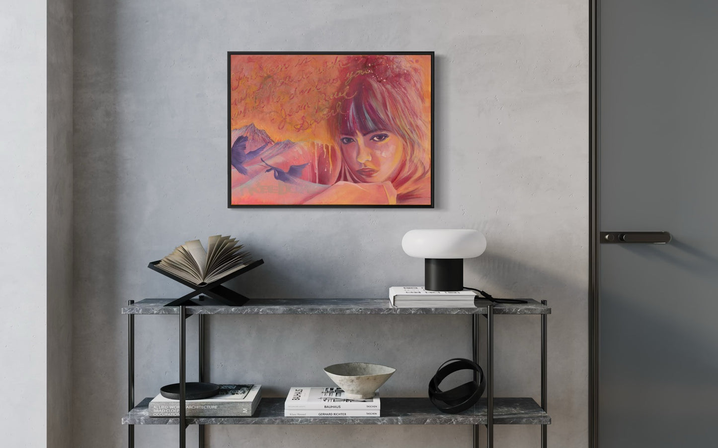 Modern interior with a console table against a gray wall, featuring a colorful abstract painting above.