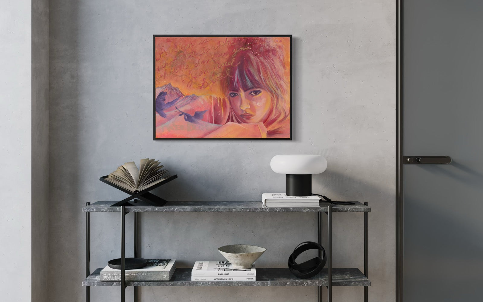 Modern interior with a console table against a gray wall, featuring a colorful abstract painting above.