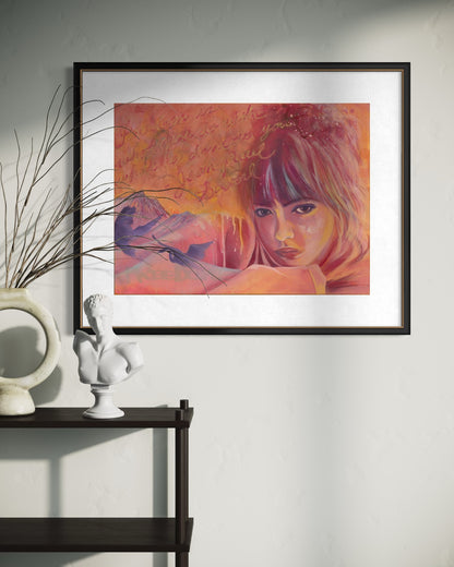 Framed artwork of a woman's face with abstract elements on a wall above a shelf.