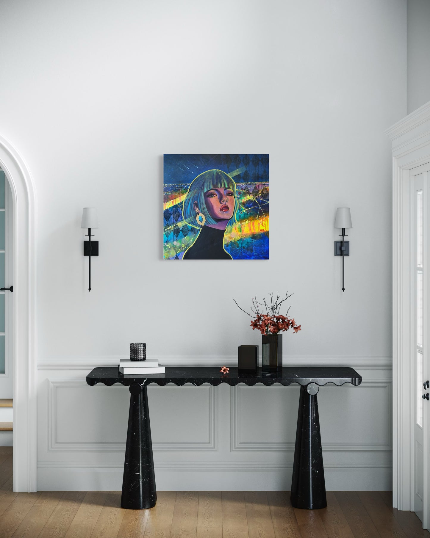 Modern interior with a console table and contemporary portrait painting inspired by Paris at night with vibrant blue, green and yellow tones on the wall.