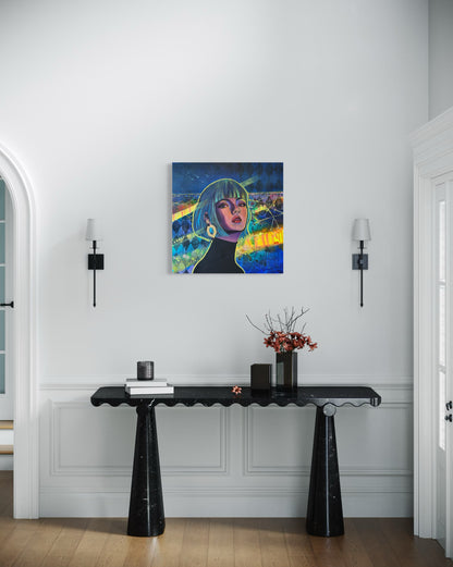 Modern interior with a console table and contemporary portrait painting inspired by Paris at night with vibrant blue, green and yellow tones on the wall.