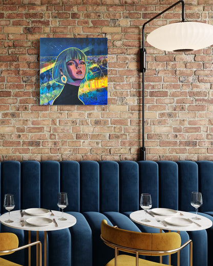 Restaurant interior with blue velvet booths, yellow chairs, and a brick wall with a contemporary portrait painting inspired by Paris at night with vibrant blue, green and yellow tones.