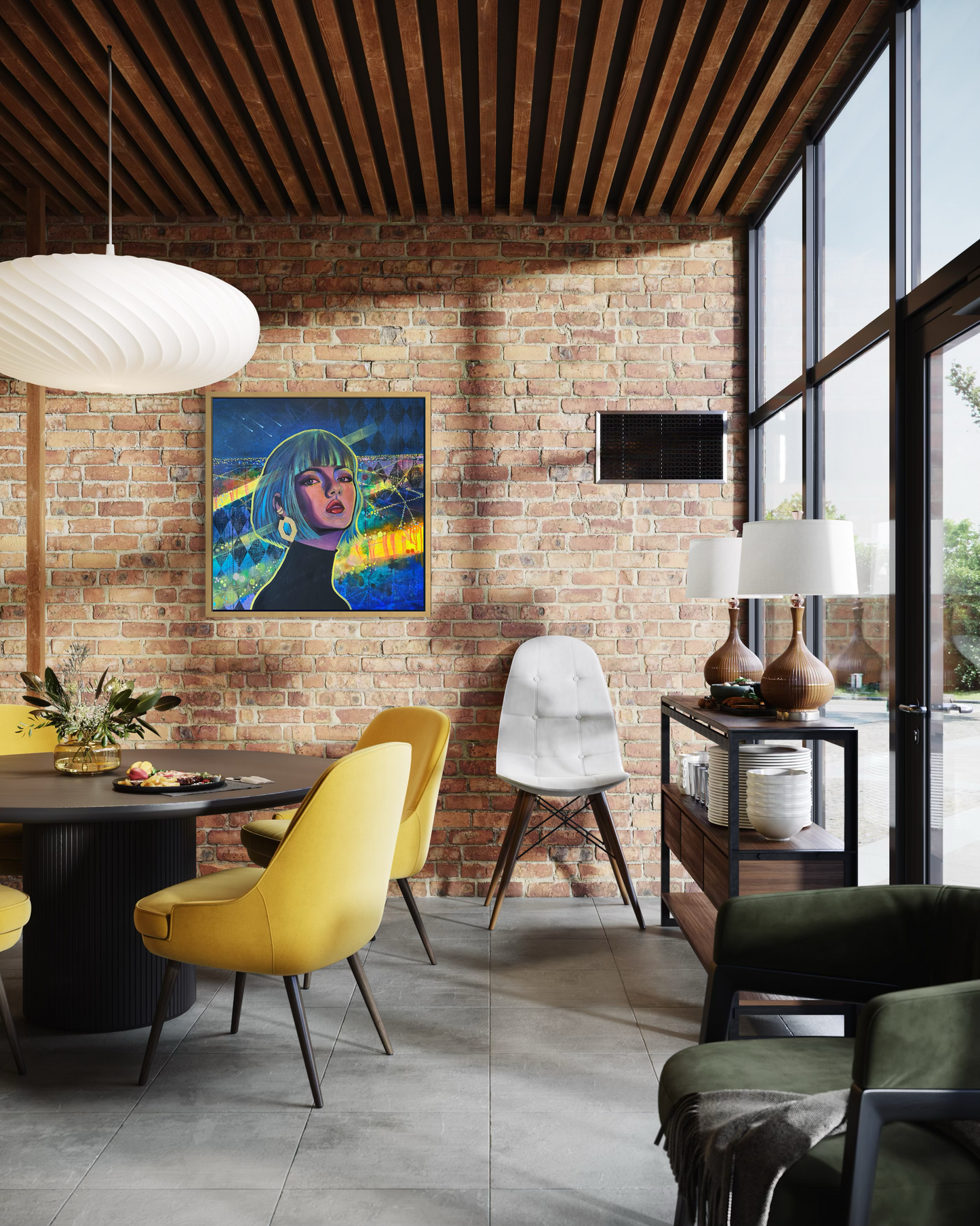 Modern interior with yellow chairs, a black dining table, and a brick wall with a contemporary portrait painting inspired by Paris at night with vibrant blue, green and yellow tones.