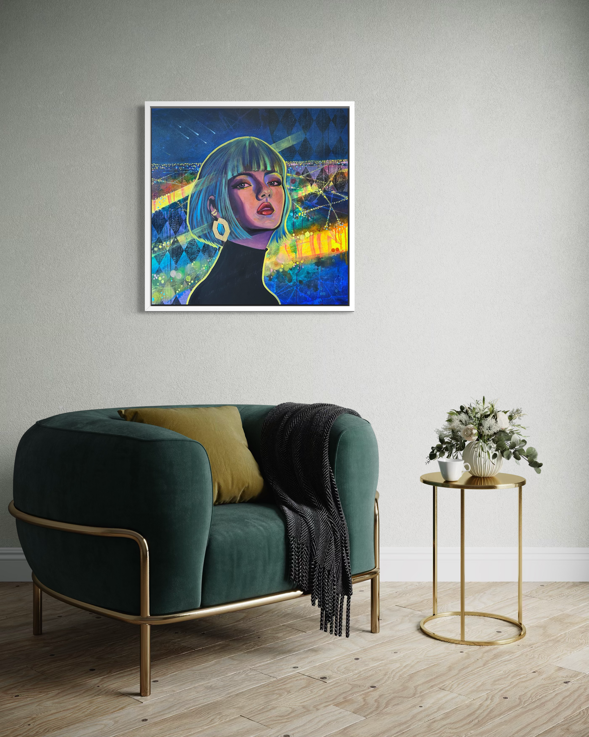 Modern interior with a green armchair, gold side table, and contemporary portrait painting inspired by Paris at night with vibrant blue, green and yellow tones on the wall.