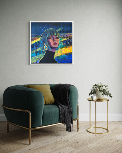 Modern interior with a green armchair, gold side table, and contemporary portrait painting inspired by Paris at night with vibrant blue, green and yellow tones on the wall.