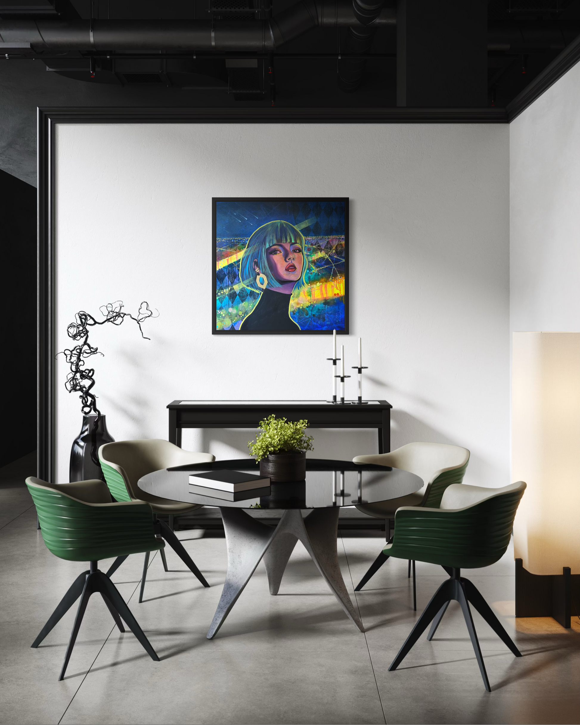 Modern dining room with a round table and chairs, featuring a contemporary portrait painting inspired by Paris at night with vibrant blue, green and yellow tones on the wall.