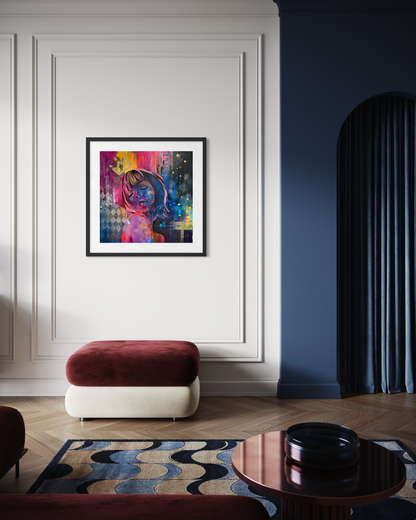 Contemporary portrait painting inspired by Tokyo with vibrant pink, blue and yellow tones on a white wall above a red and white ottoman in a room with blue walls and a patterned rug.