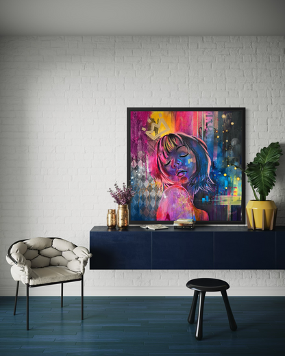 Contemporary portrait painting inspired by Tokyo with vibrant pink, blue and yellow tones on a white brick wall with navy console and white chair.