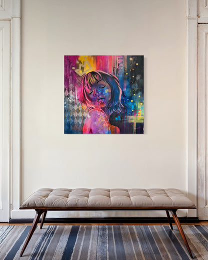 Contemporary portrait painting inspired by Tokyo with vibrant pink, blue and yellow tones on a wall above a bench.