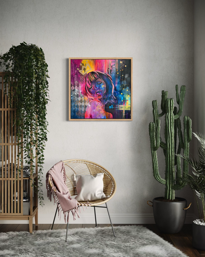 Contemporary portrait painting inspired by Tokyo with vibrant pink, blue and yellow tones on a wall above a wicker chair with a blanket and pillows, surrounded by plants.