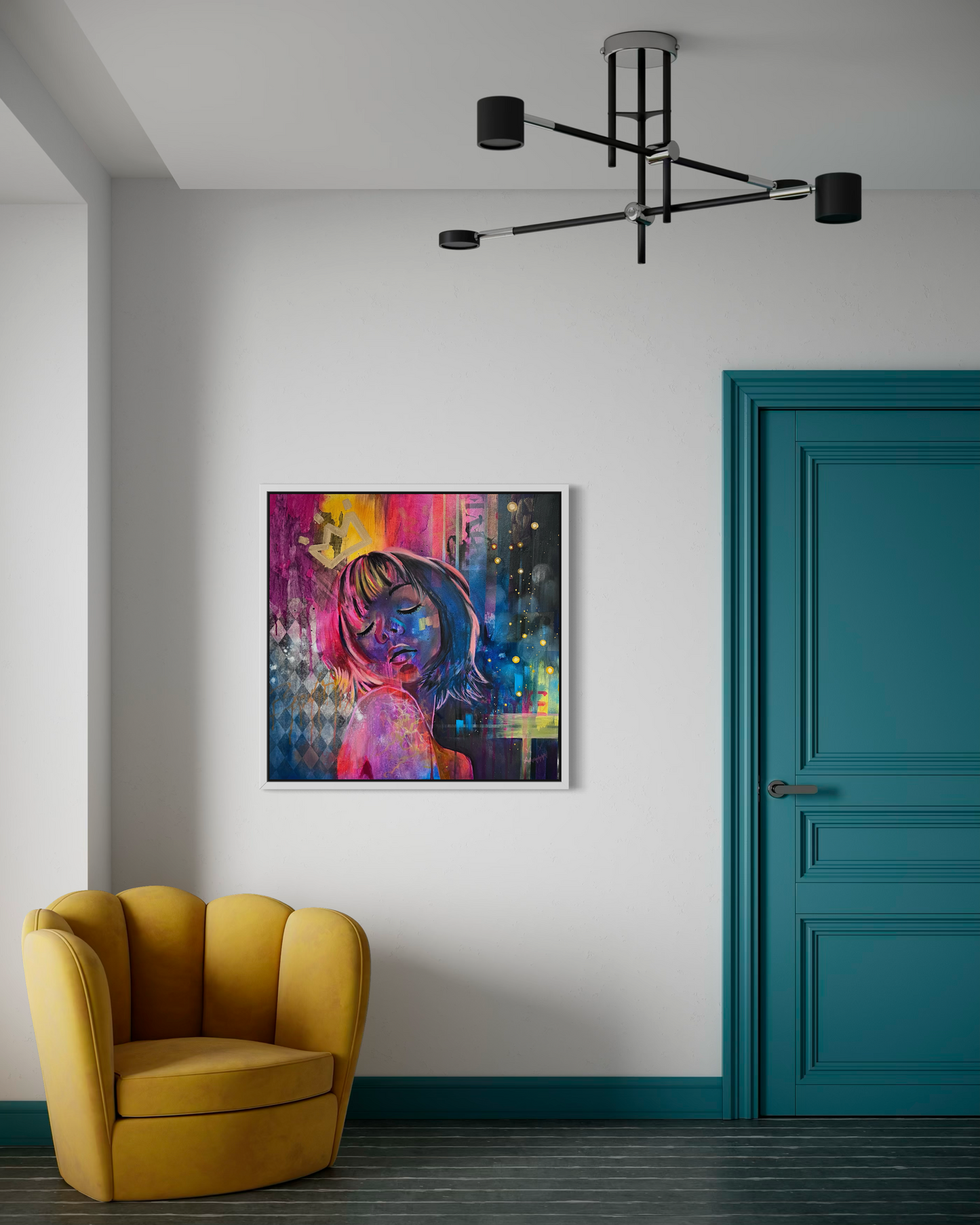 Contemporary portrait painting inspired by Tokyo with vibrant pink, blue and yellow tones on a white wall, yellow armchair, and teal door.