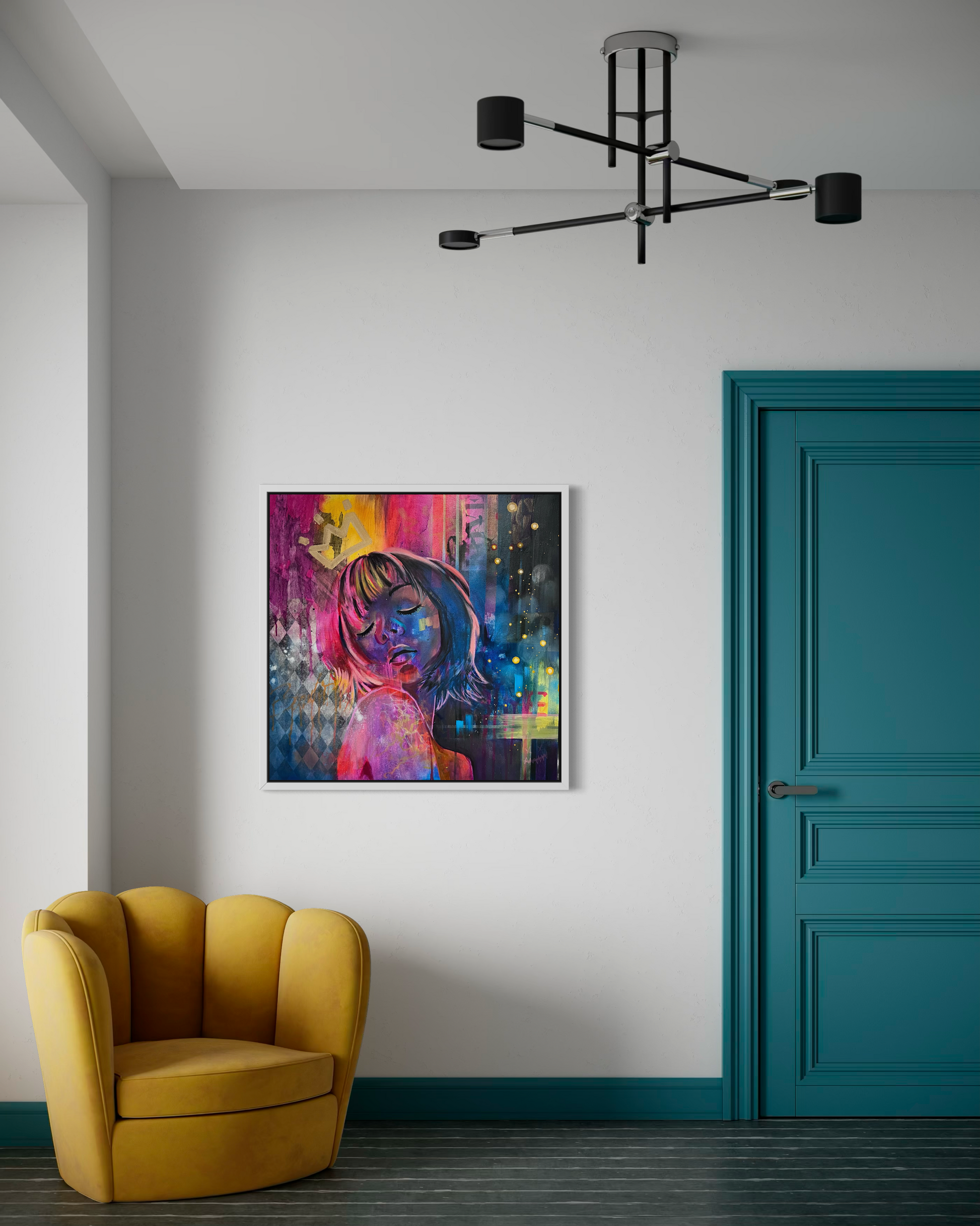 Contemporary portrait painting inspired by Tokyo with vibrant pink, blue and yellow tones on a white wall, yellow armchair, and teal door.