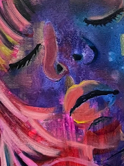 Close up detail of original contemporary portrait painting inspired by Tokyo nightlife with vibrant pink, blue and yellow tones and crown motif, statement wall art.