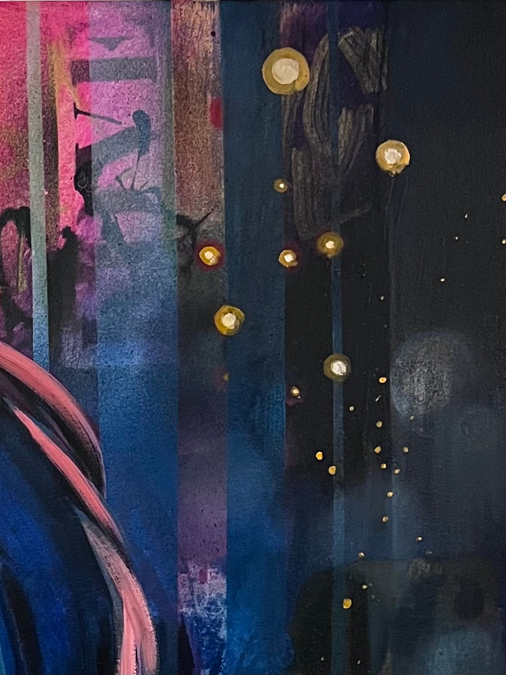 Close up detail of original contemporary portrait painting inspired by Tokyo nightlife with vibrant pink, blue and yellow tones and crown motif, statement wall art.