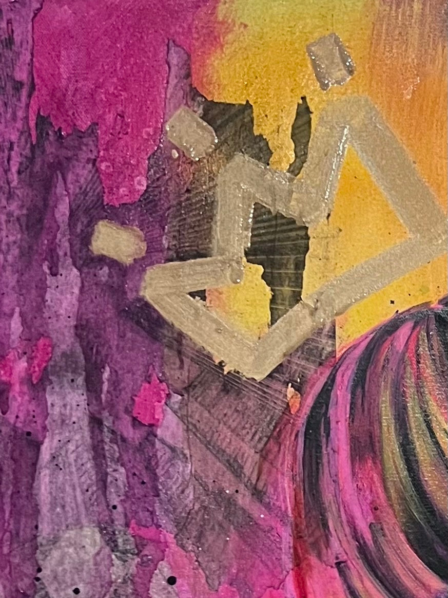 Close up detail of original contemporary portrait painting inspired by Tokyo nightlife with vibrant pink, blue and yellow tones and crown motif, statement wall art.