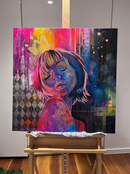 Contemporary portrait painting inspired by Tokyo nightlife with vibrant pink, blue and yellow tones and crown motif on an easel.