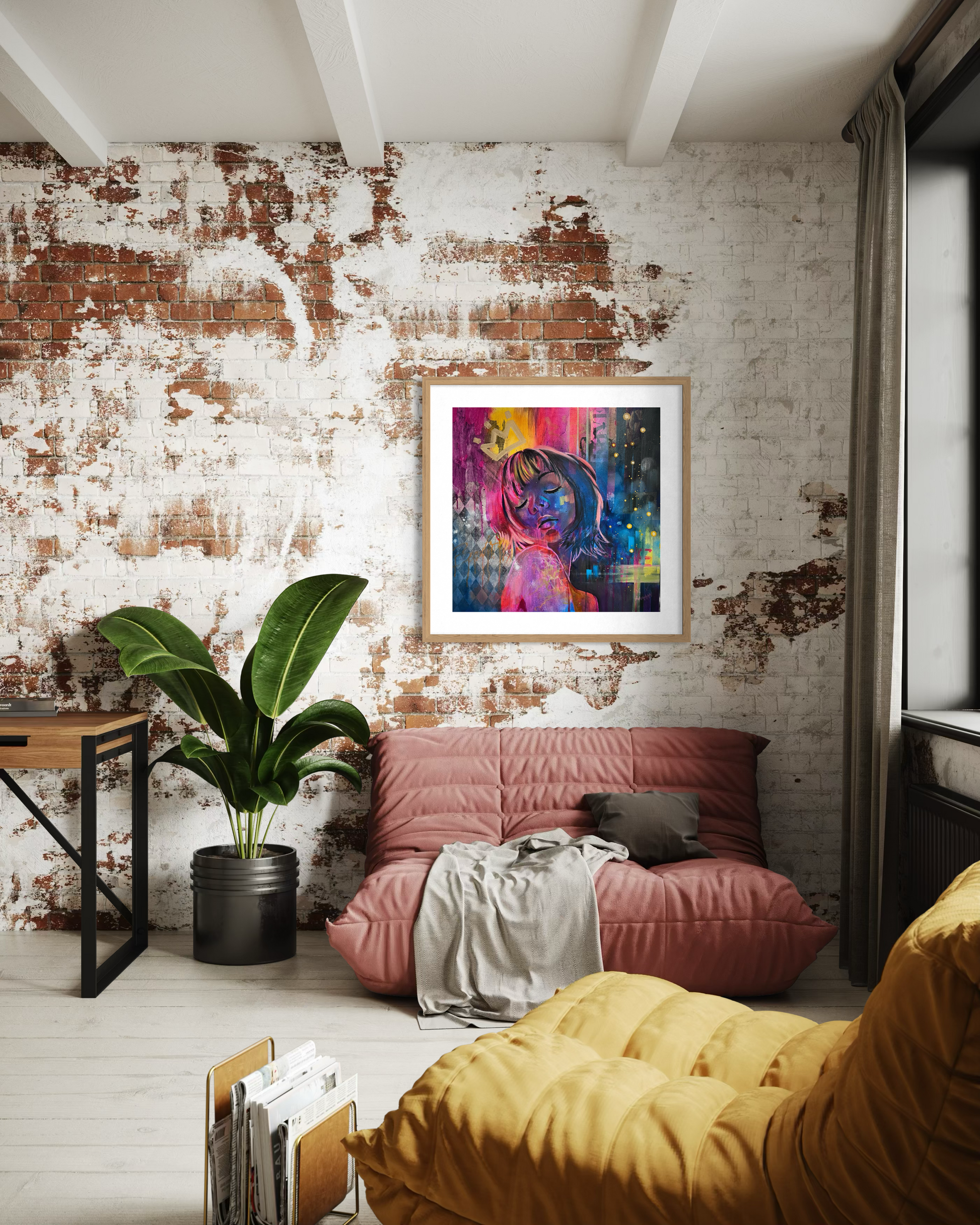 Living room with a pink sofa, yellow armchair, and a contemporary portrait painting inspired by Tokyo with vibrant pink, blue and yellow tones on a brick wall.