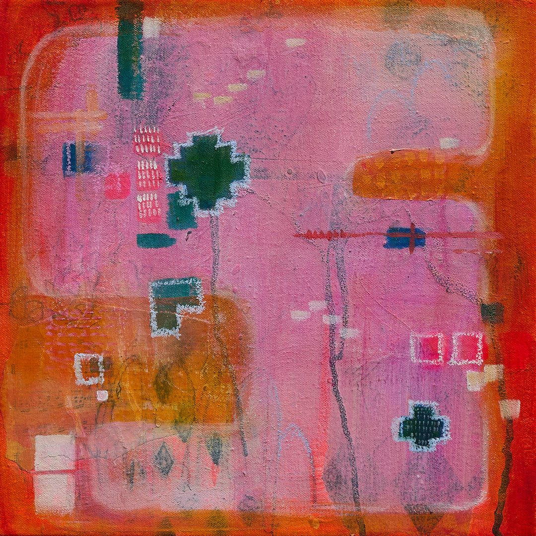 Pink abstract art print with coral and green tones, textured contemporary abstract painting for modern wall decor.